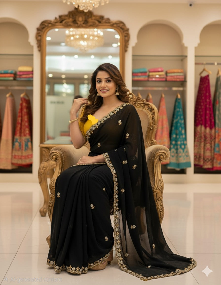 Heavy embroidered Faux Georgette saree with blouse piece