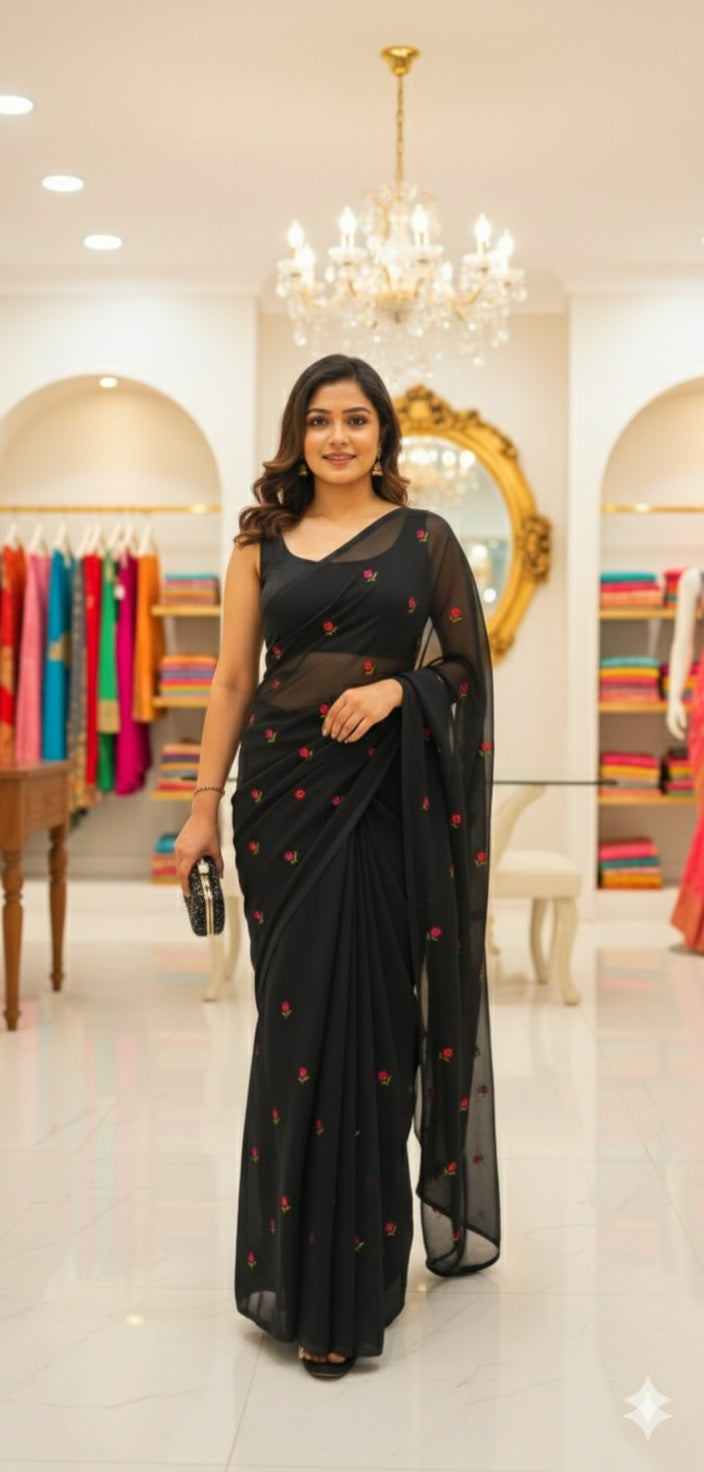 Floral embroidered saree with blouse piece