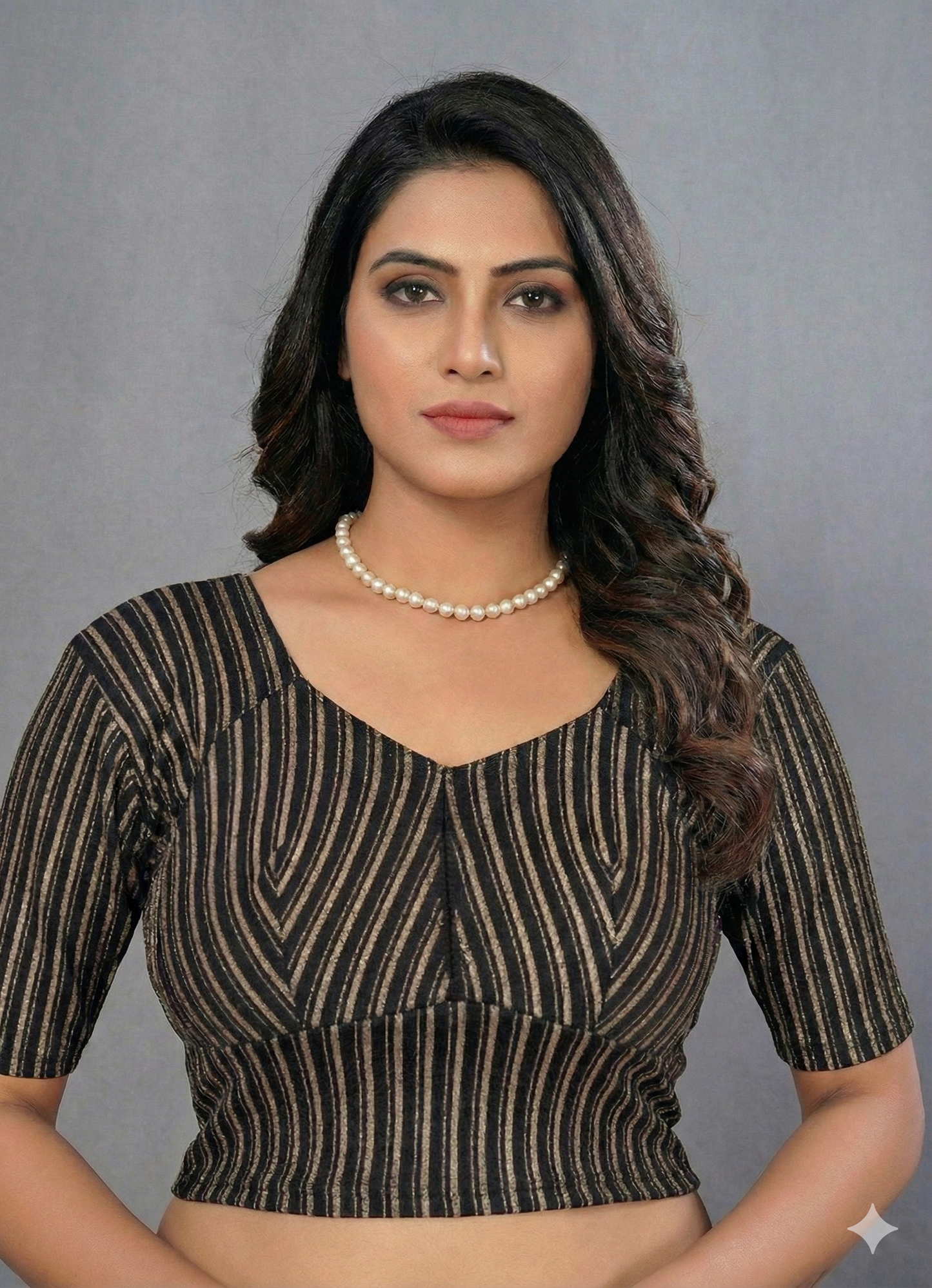 Stretchable katori saree blouse with golden lines (black)