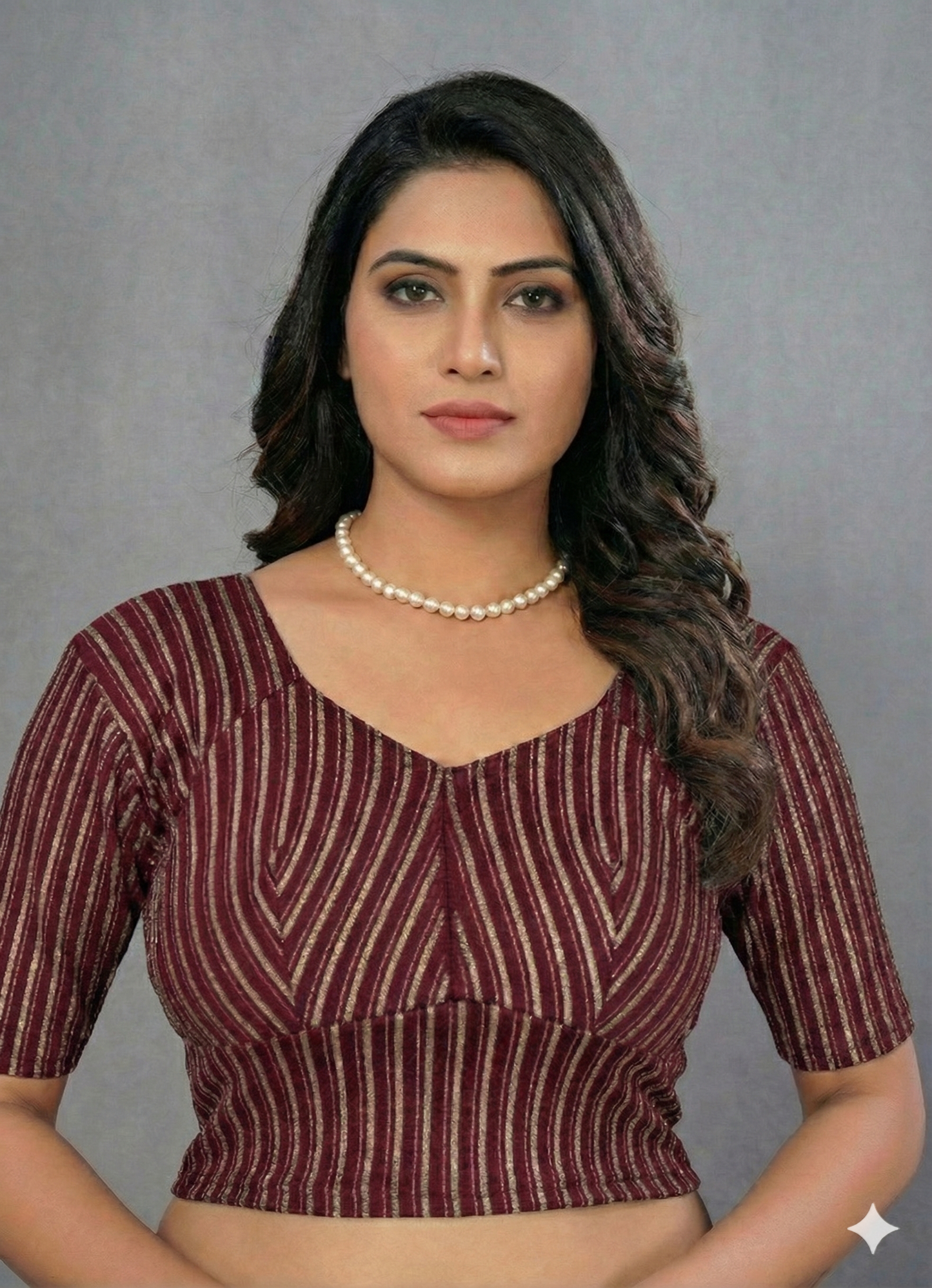 Stretchable katori saree blouse with golden lines (maroon)