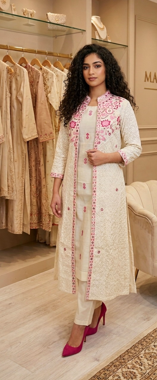 Cord set with embroidered pure Cotton chickenkari detachable long jacket