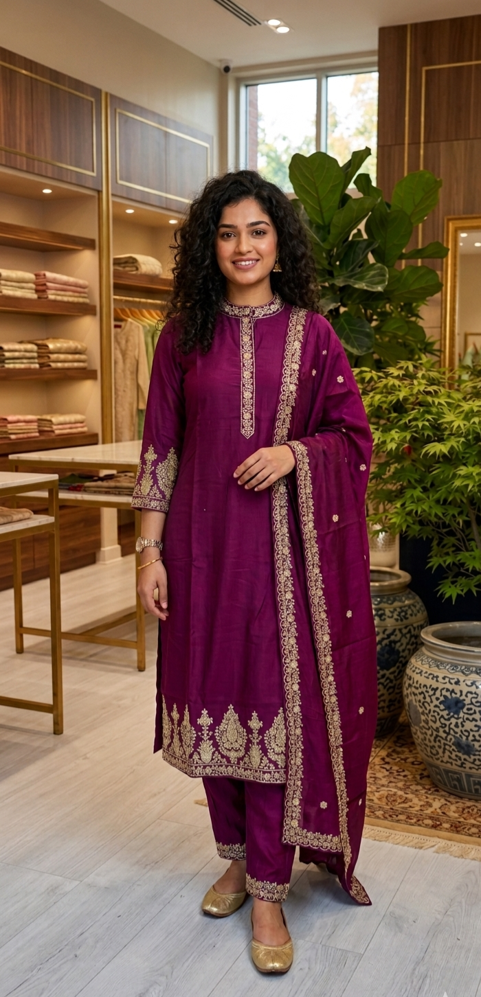 Semi silk embroidered three piece set 💕 ( ready to wear)