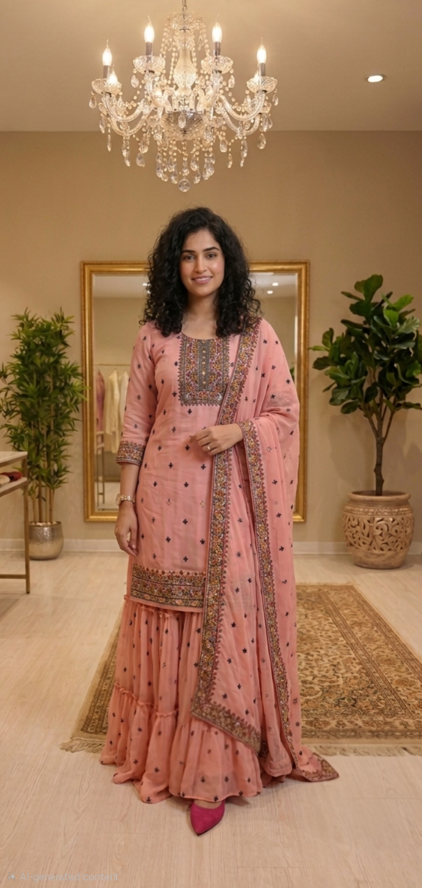 Chantheri silk kurti with faux Georgette dupatta and sharara bottom 💕