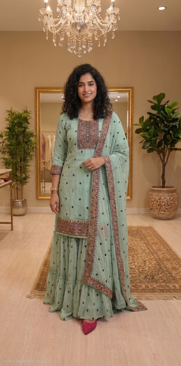 Chantheri silk kurti with faux Georgette dupatta and sharara bottom 💕