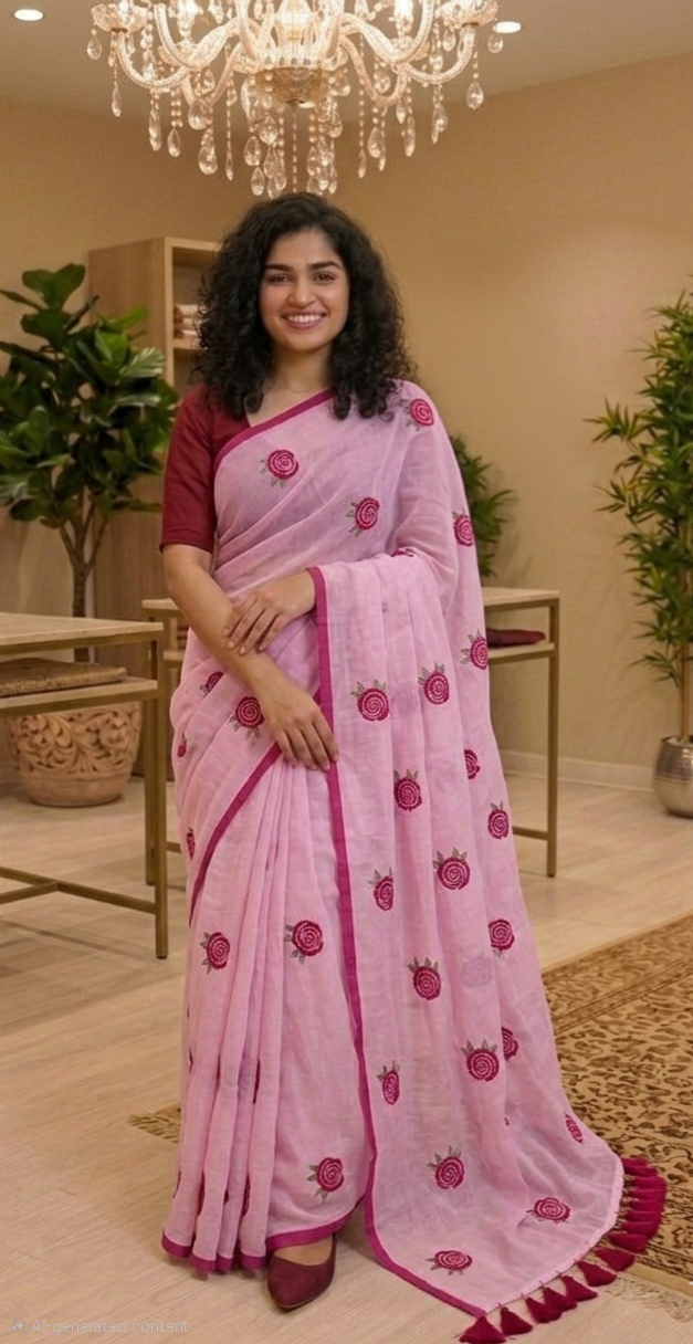 Beautiful Rose embroidered mulmul cotton.