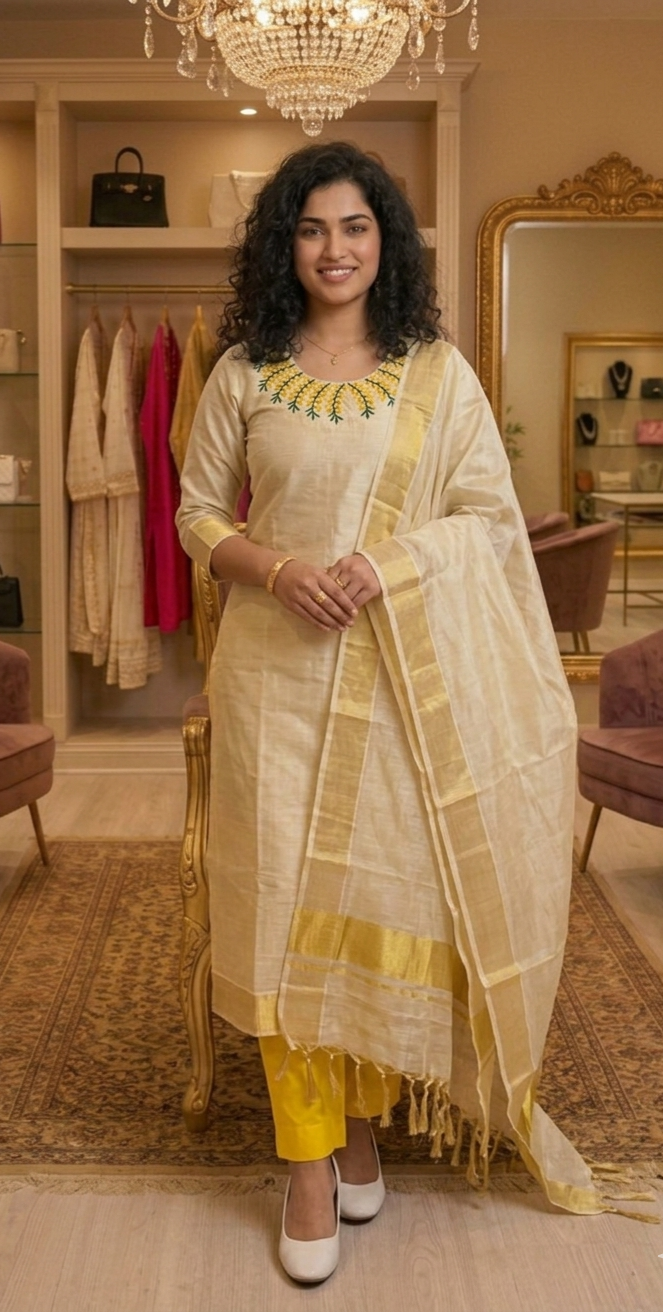 Beautiful embroidered Tissue Vishu three piece suit