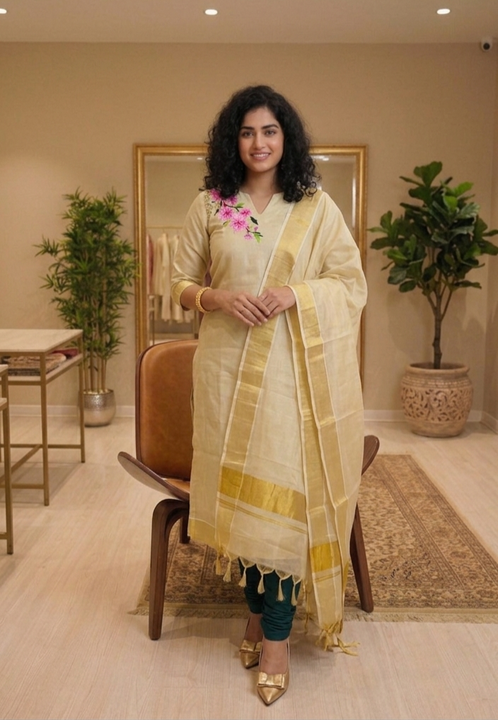 Beautiful embroidered Tissue Onam three piece suit 💕