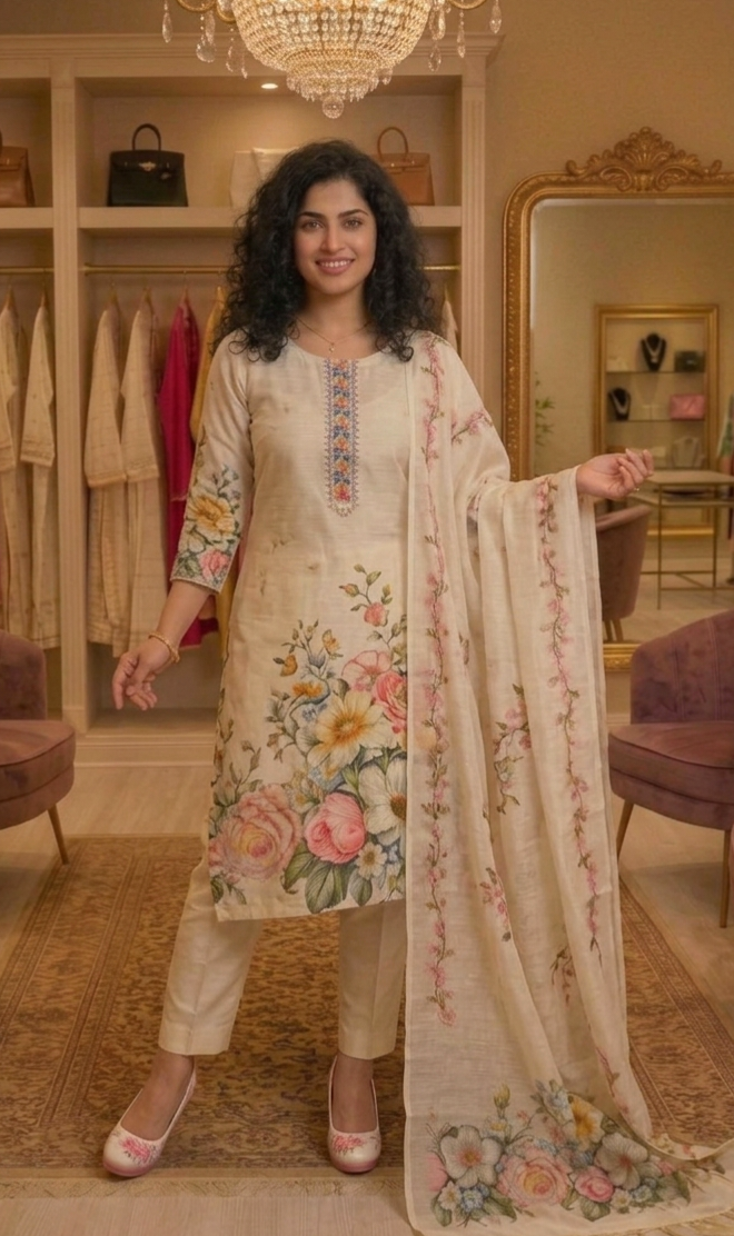 Off-white kantha worked three piece suit 💕