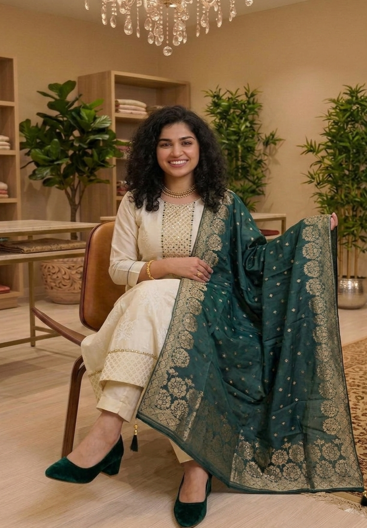 Classic jacquard tissue silk three piece suit with banarasi dupatta