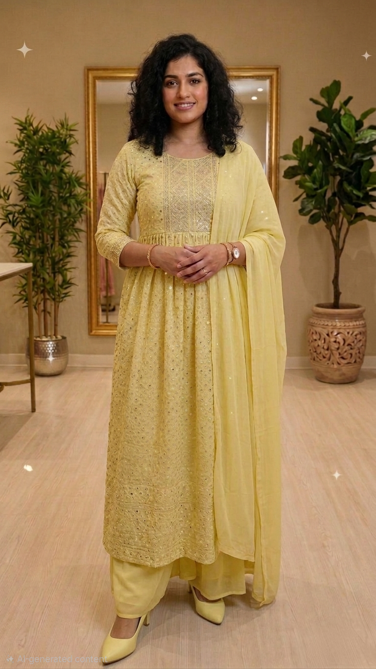 Beautiful faux Georgette fully mirror worked three piece suit