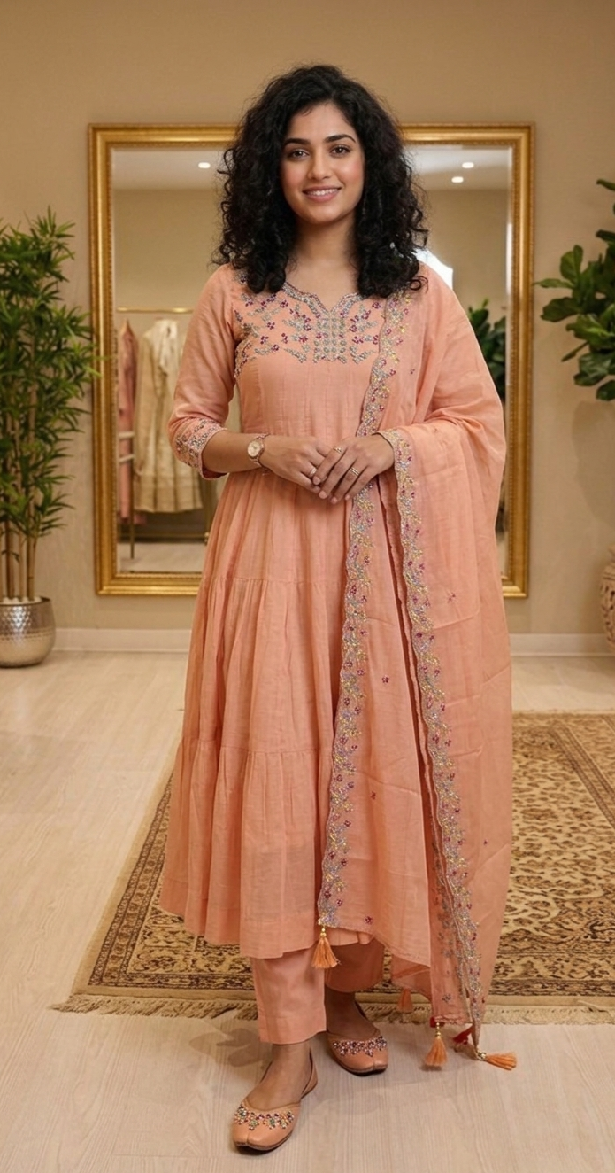 Women's mul chanderi panalcut anarkali three piece