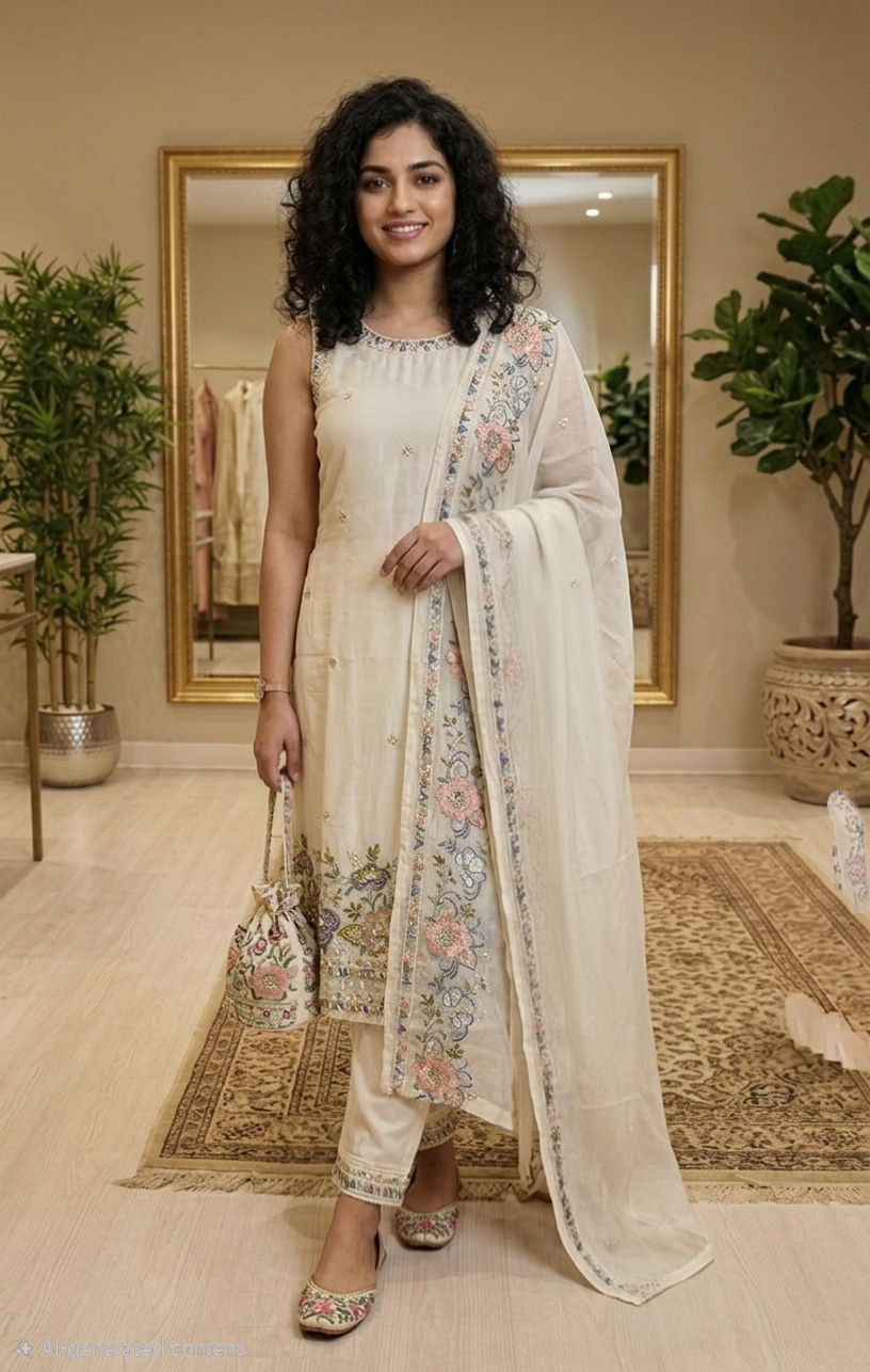 Women's Crepe silk heavy hand worked three piece Indian salwar