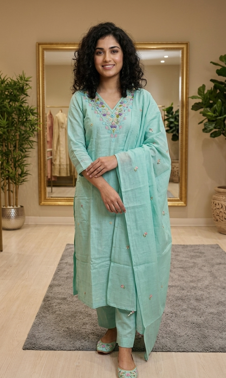 Women's Cotton hand embroidered three piece salwar