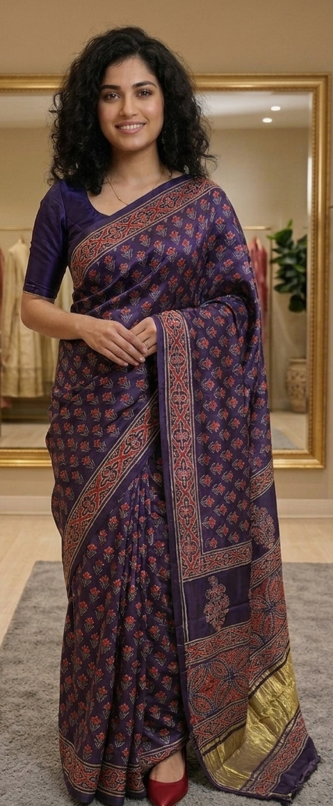 Pure modal silk hand blocked ajrak saree