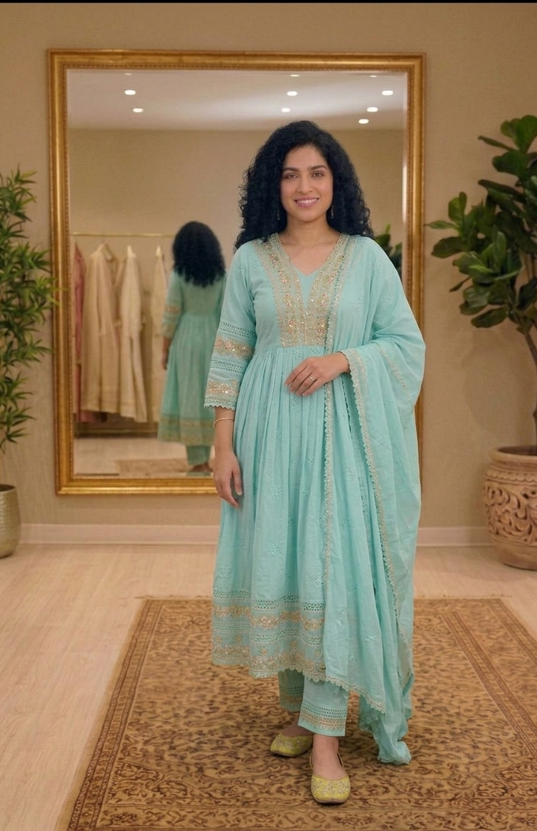 Soft cotton, Flared three piece anarkali suit