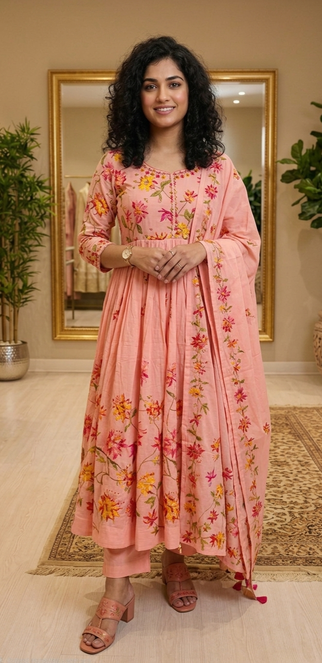 Soft cotton flared anarkali three piece suit 💕