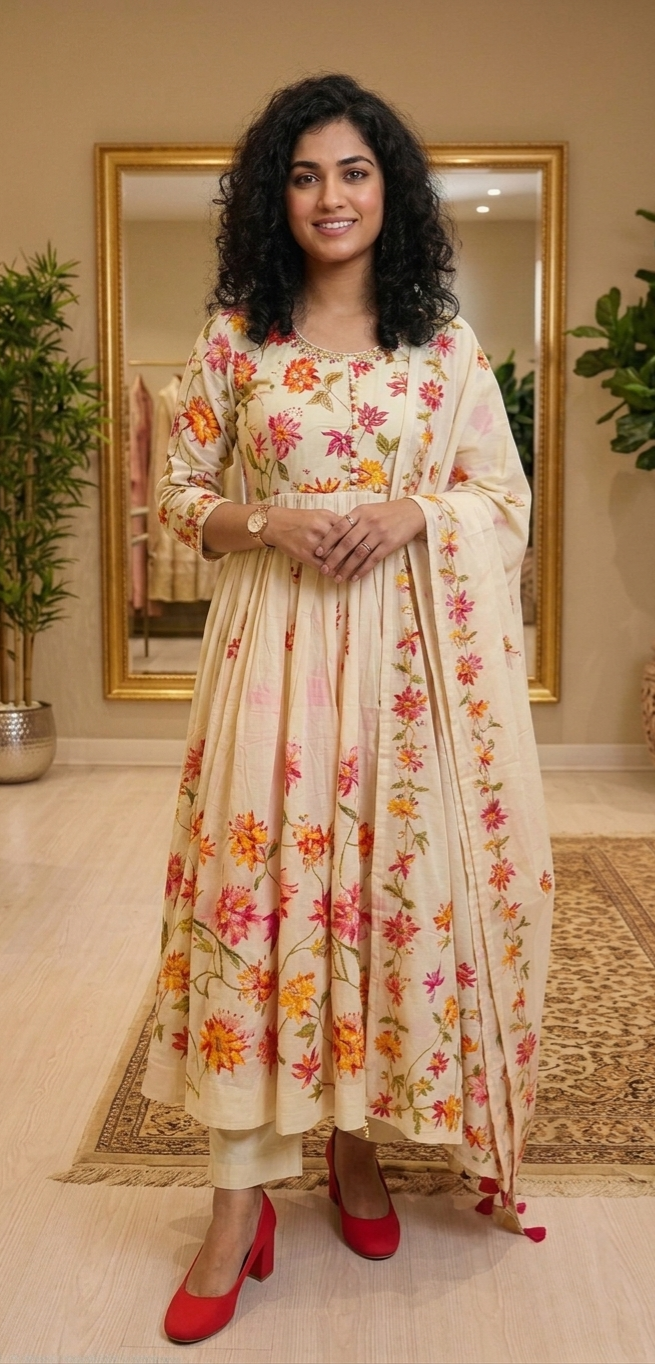 Soft cotton flared anarkali three piece suit 💕