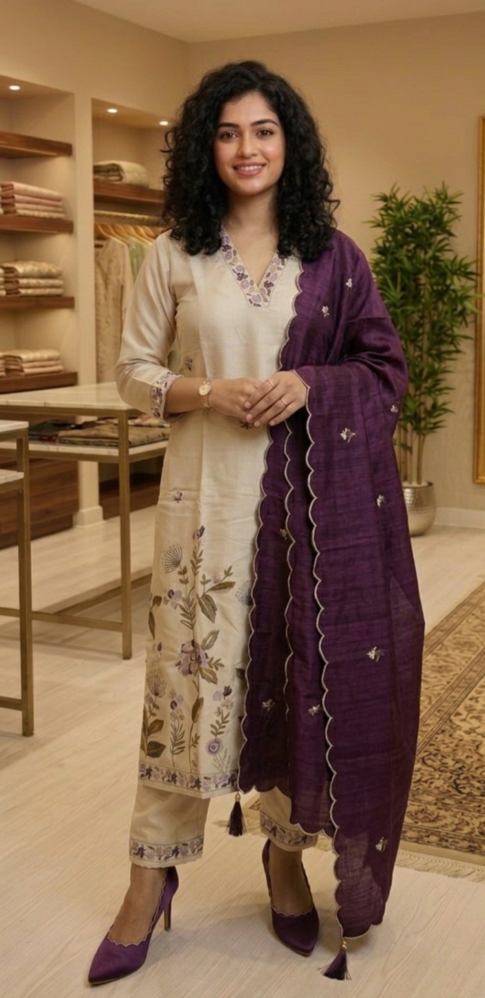 Silk high neck fully embroidered three piece suit 💕