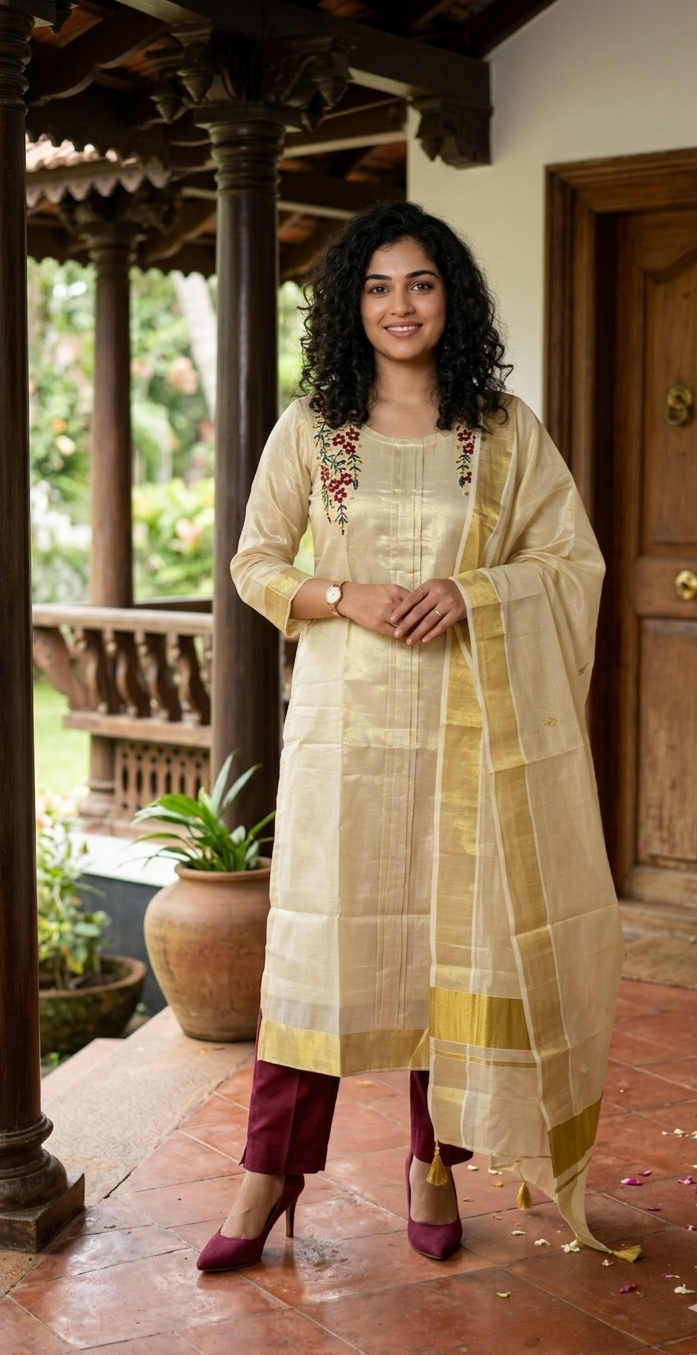 Onam embroidered tissue three piece suit 💕