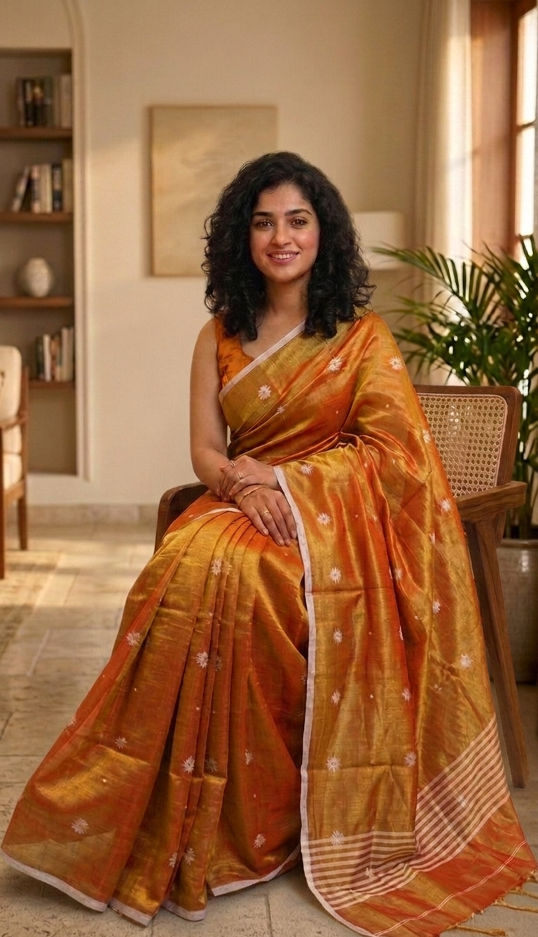 Beautiful Soft tissue silk double shaded saree ( gold and red combo)