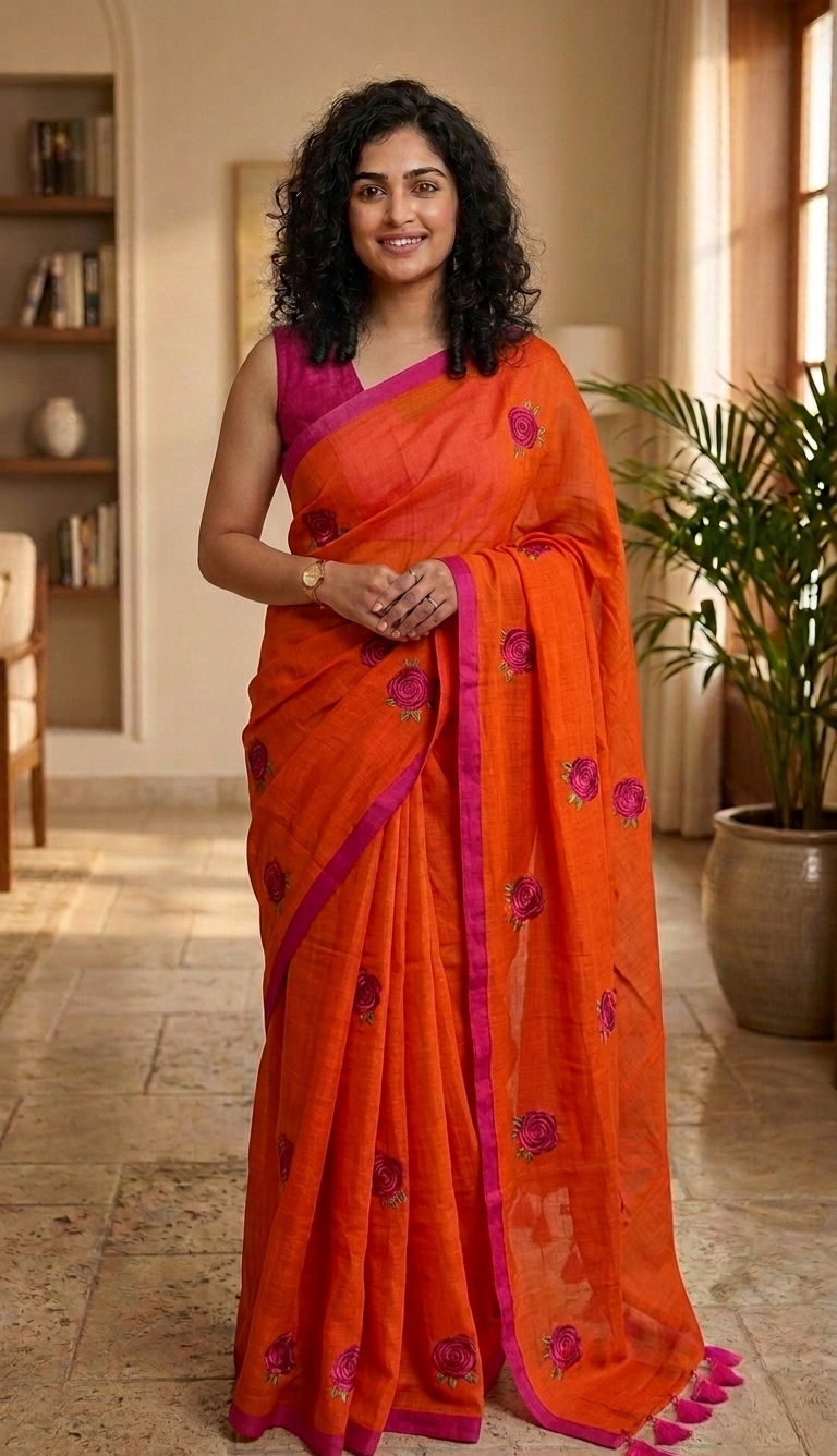 Embroidered Rose mulcotton saree