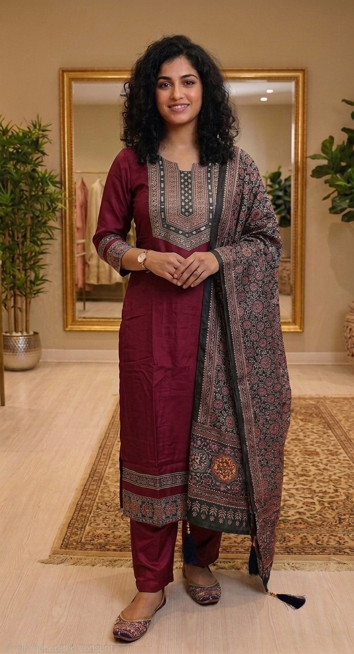 Stunning gajji silk three piece suit 💕 (maroon & black)