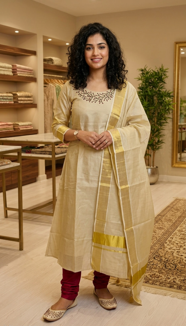 Onam tissue A-line three piece suit ( maroon)