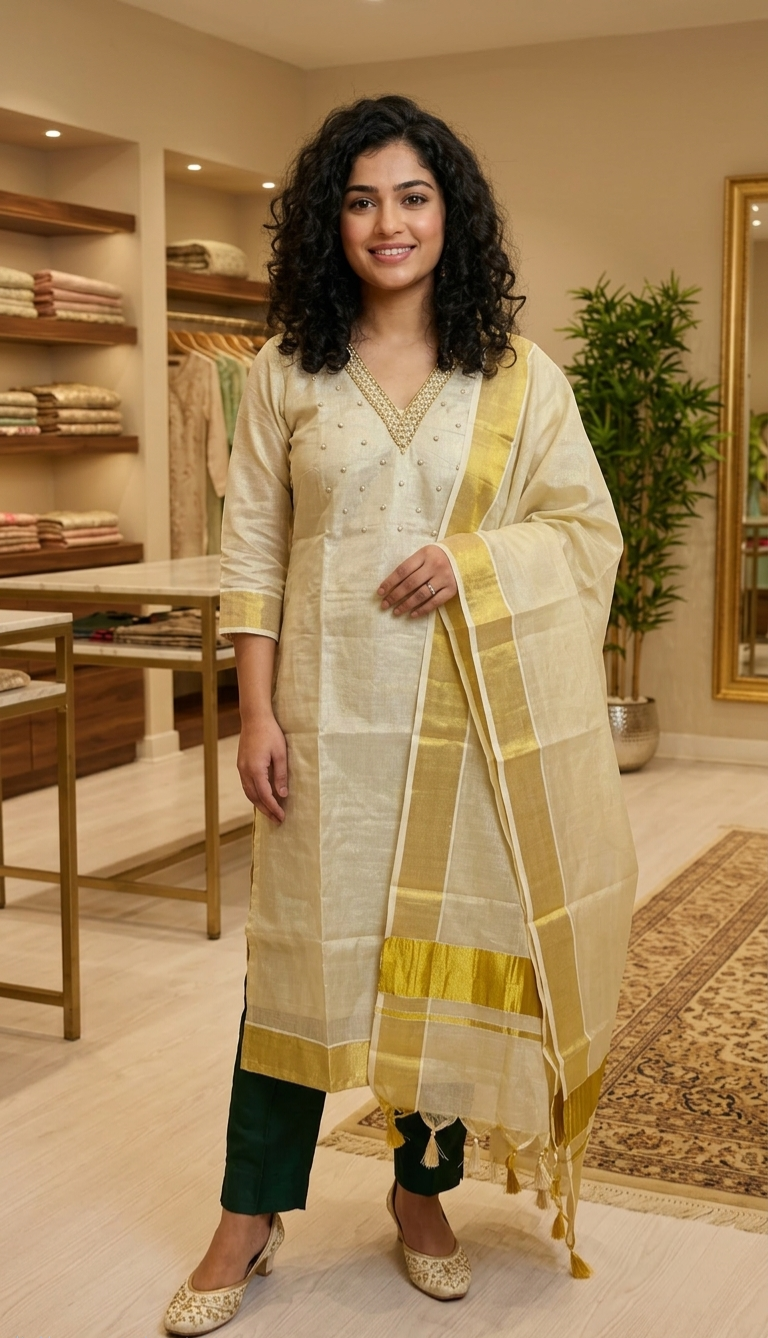 Beautiful hand worked Onam tissue three piece suit