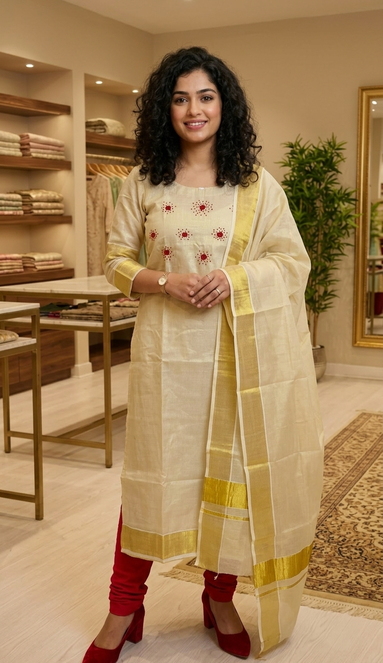 Beautiful hand worked Onam tissue three piece suit