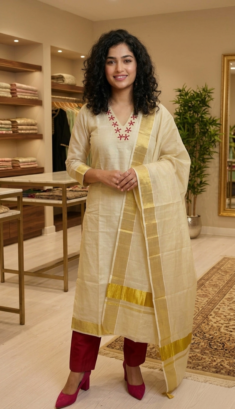 Beautiful hand worked Onam tissue three piece suit