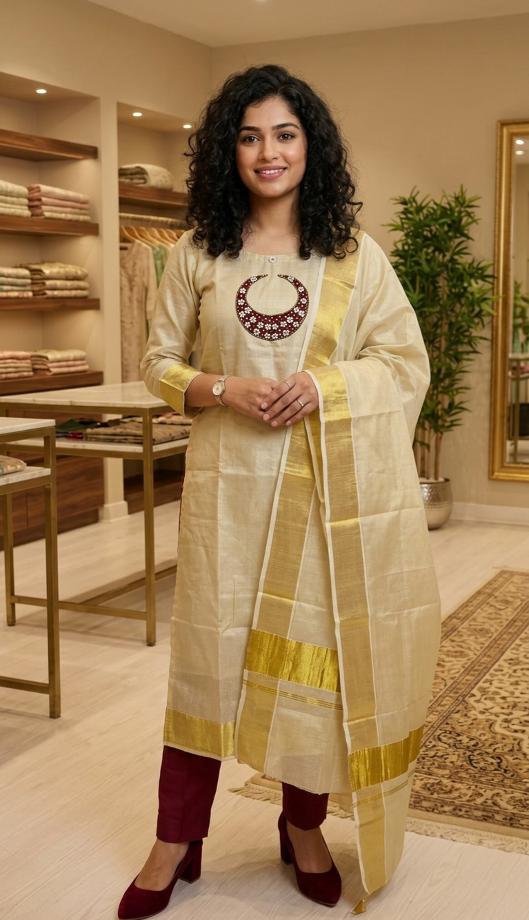 Beautiful hand worked Onam tissue three piece suit