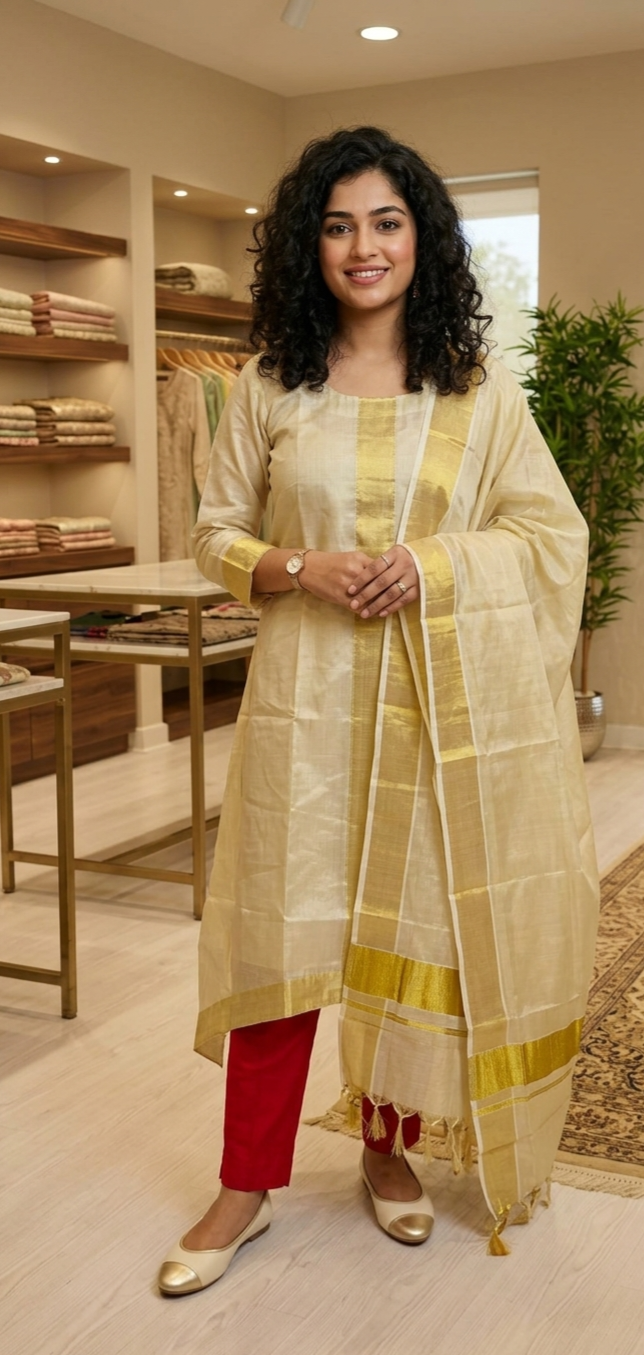Beautiful Onam tissue, A-line three piece suit