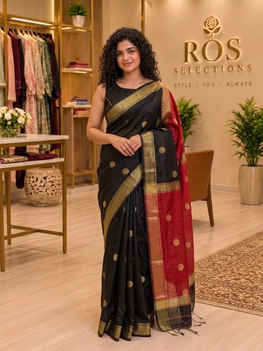 Maheshwari cotton silk saree - black and maroonish red