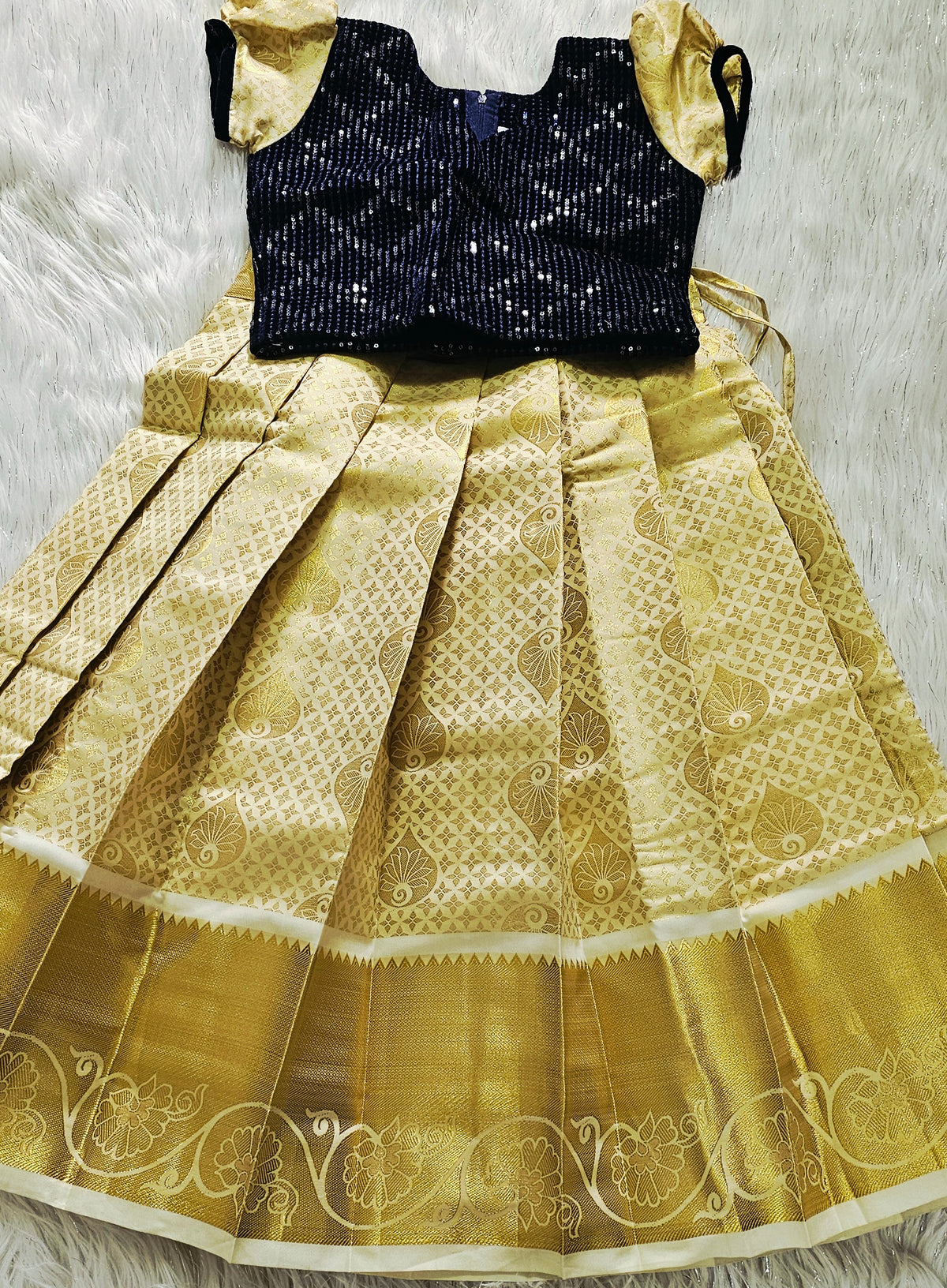 Navy blue velvet Onam skirt and top