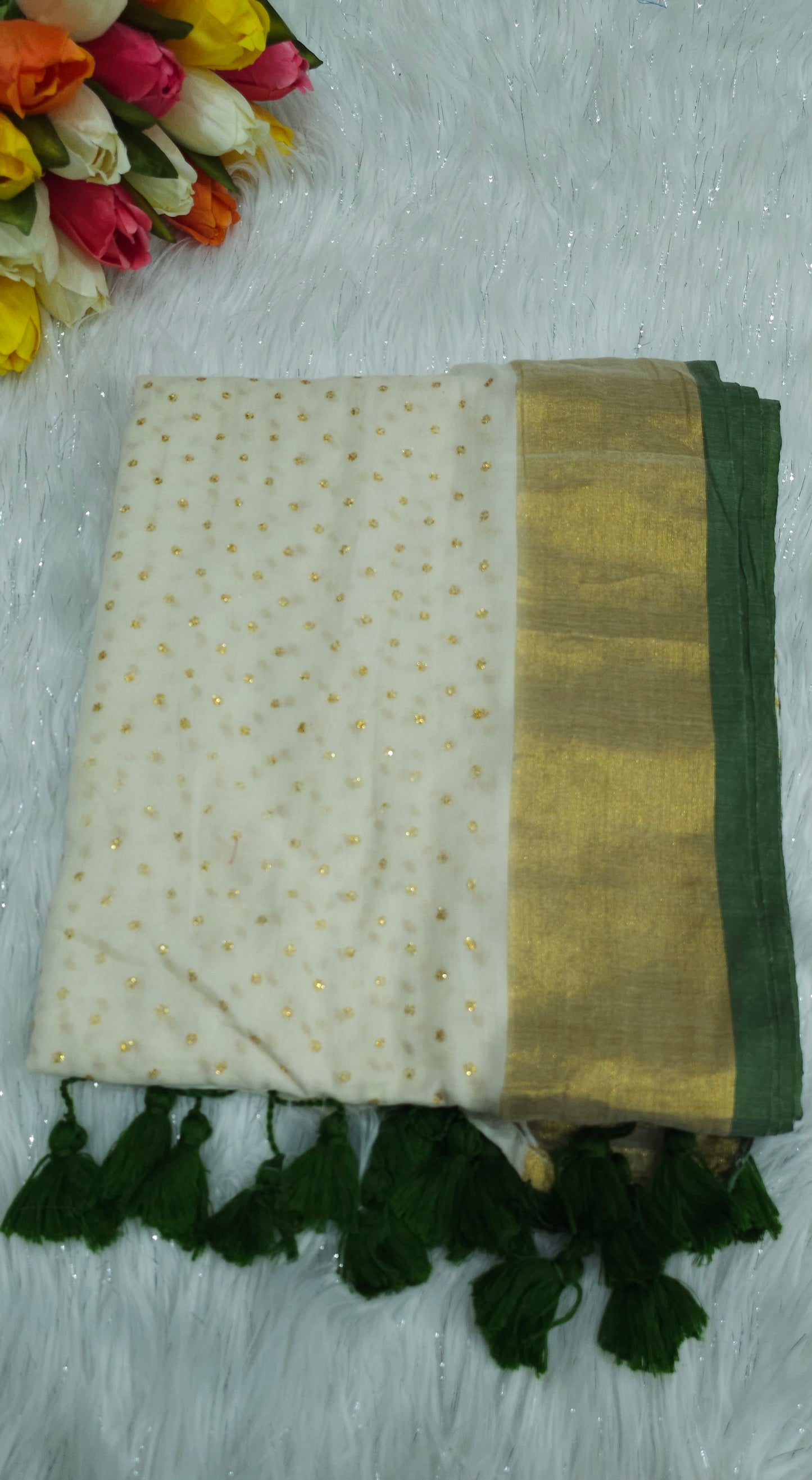 Mul cotton gold glitter saree with beautiful tassels