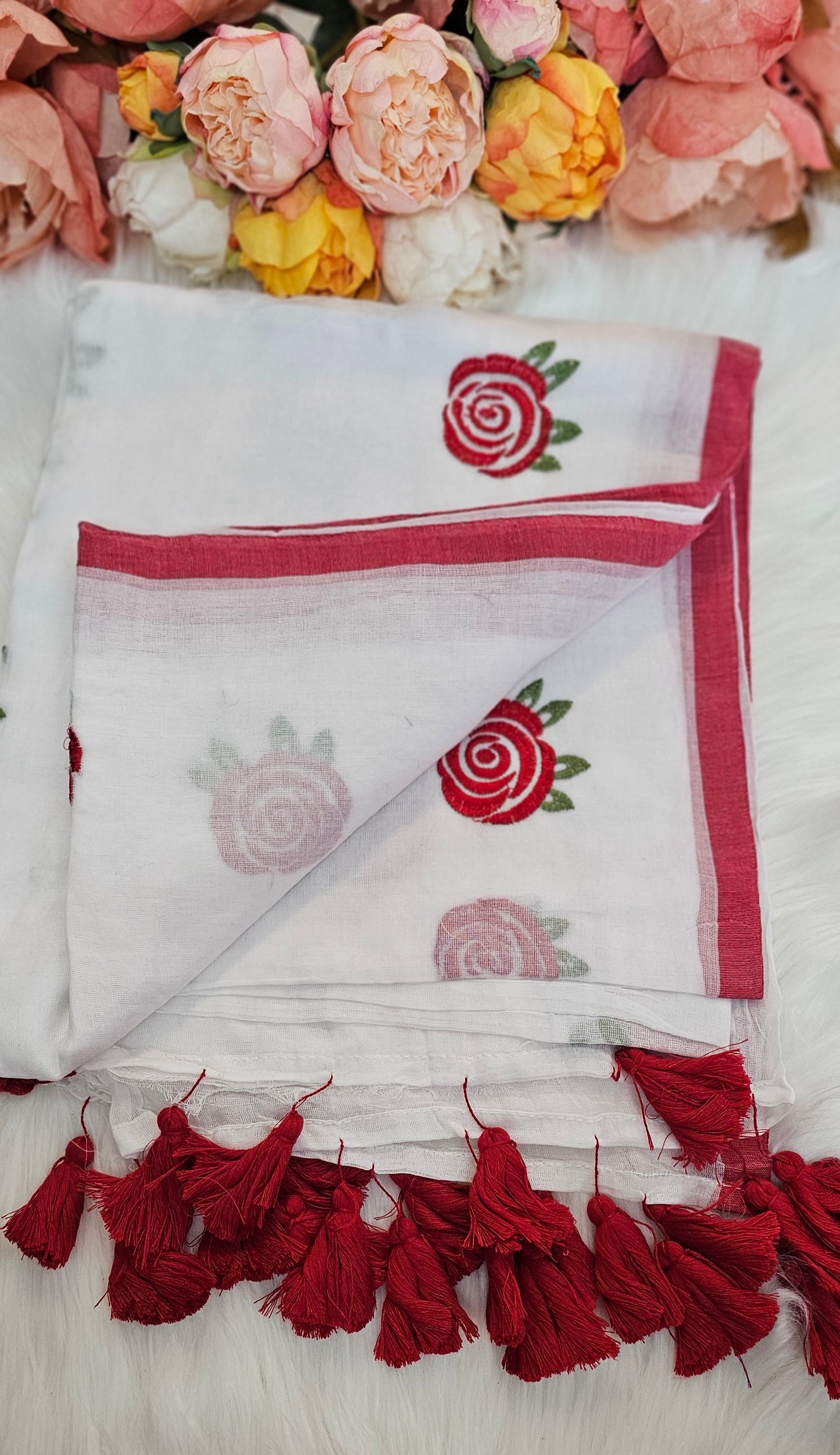 Rose embroidered mul cotton saree