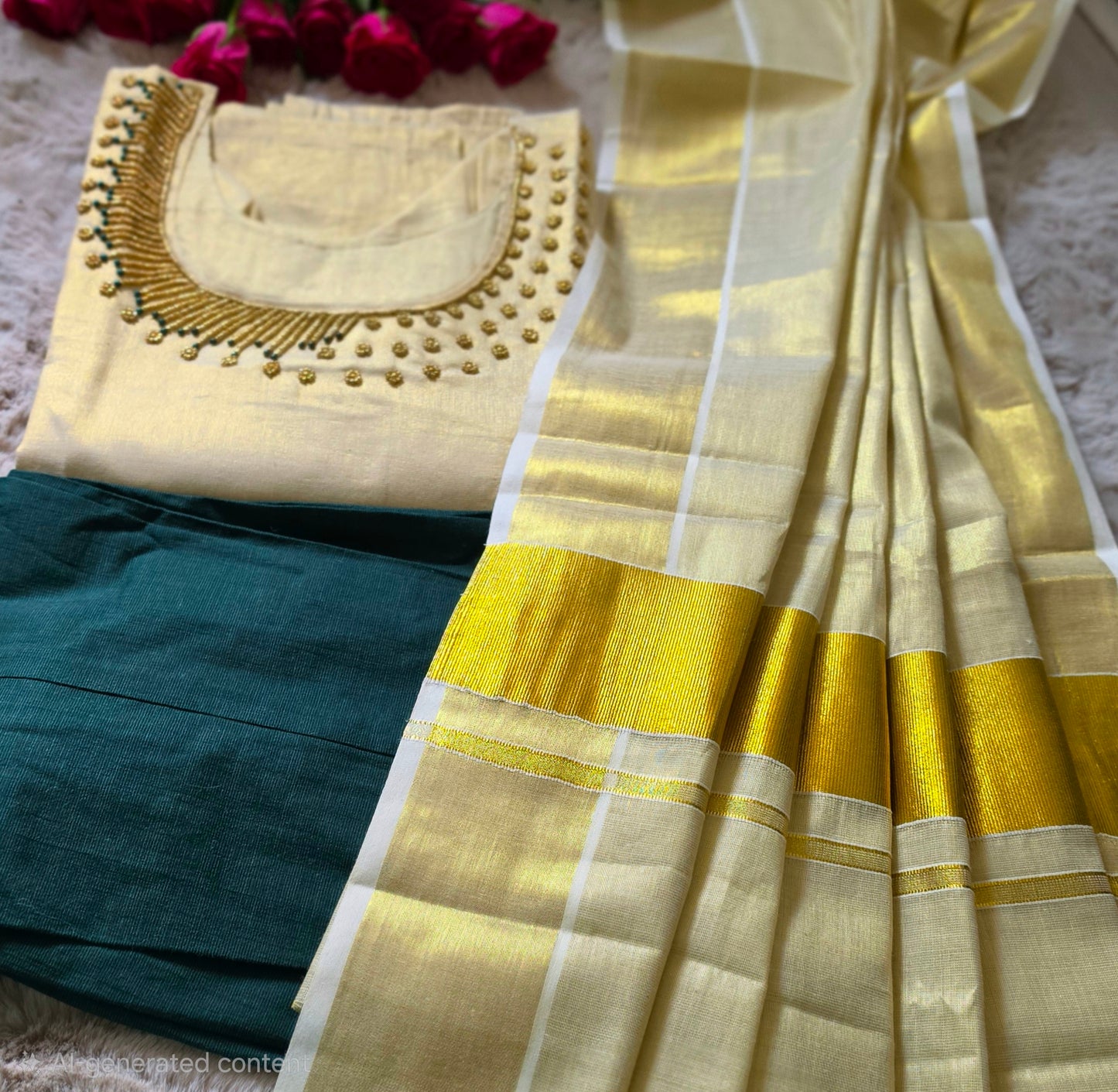 Onam ready to wear hand worked three piece kurti set (bottle green)