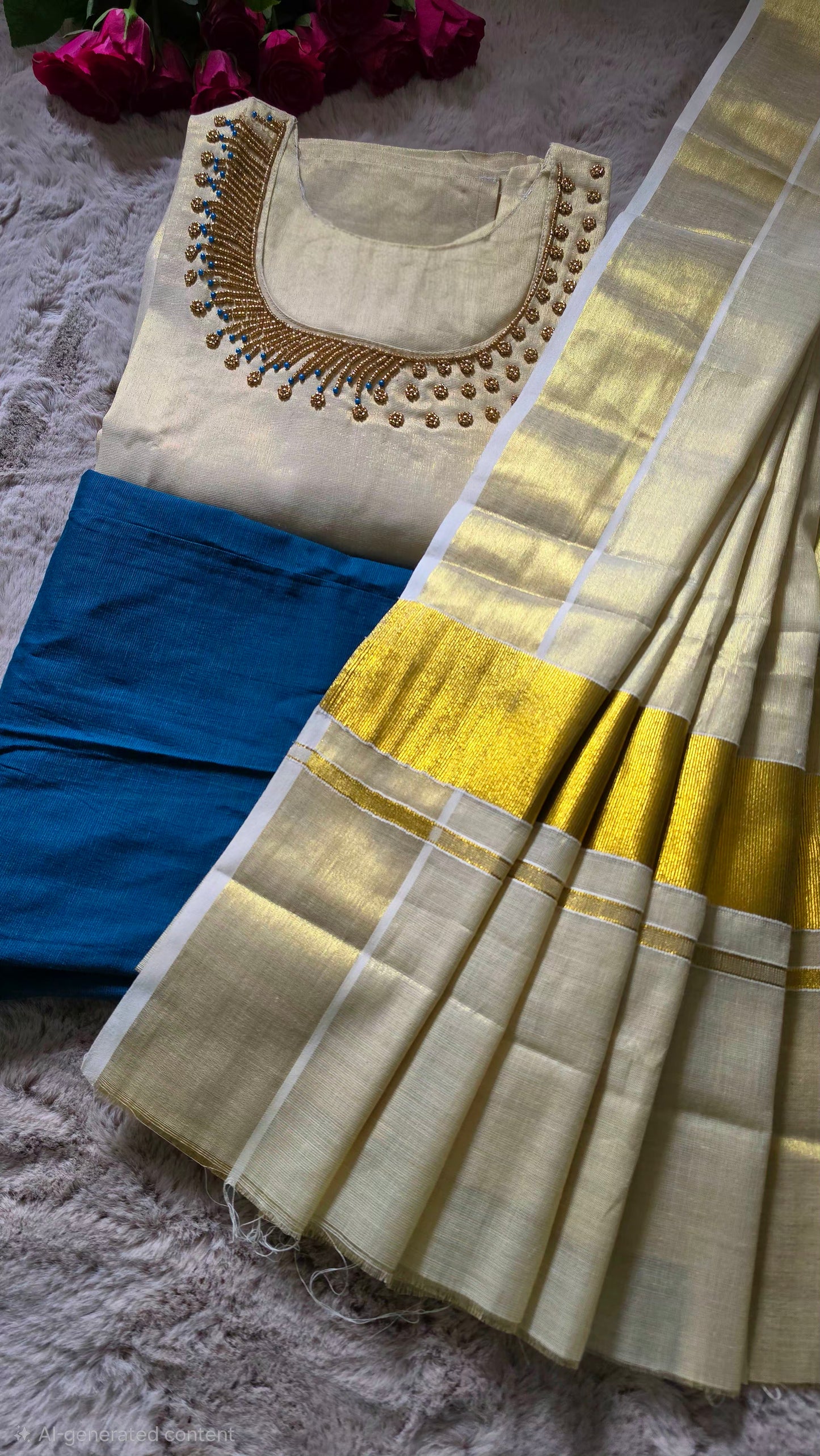 Onam ready to wear hand worked three piece kurti set ( blue)