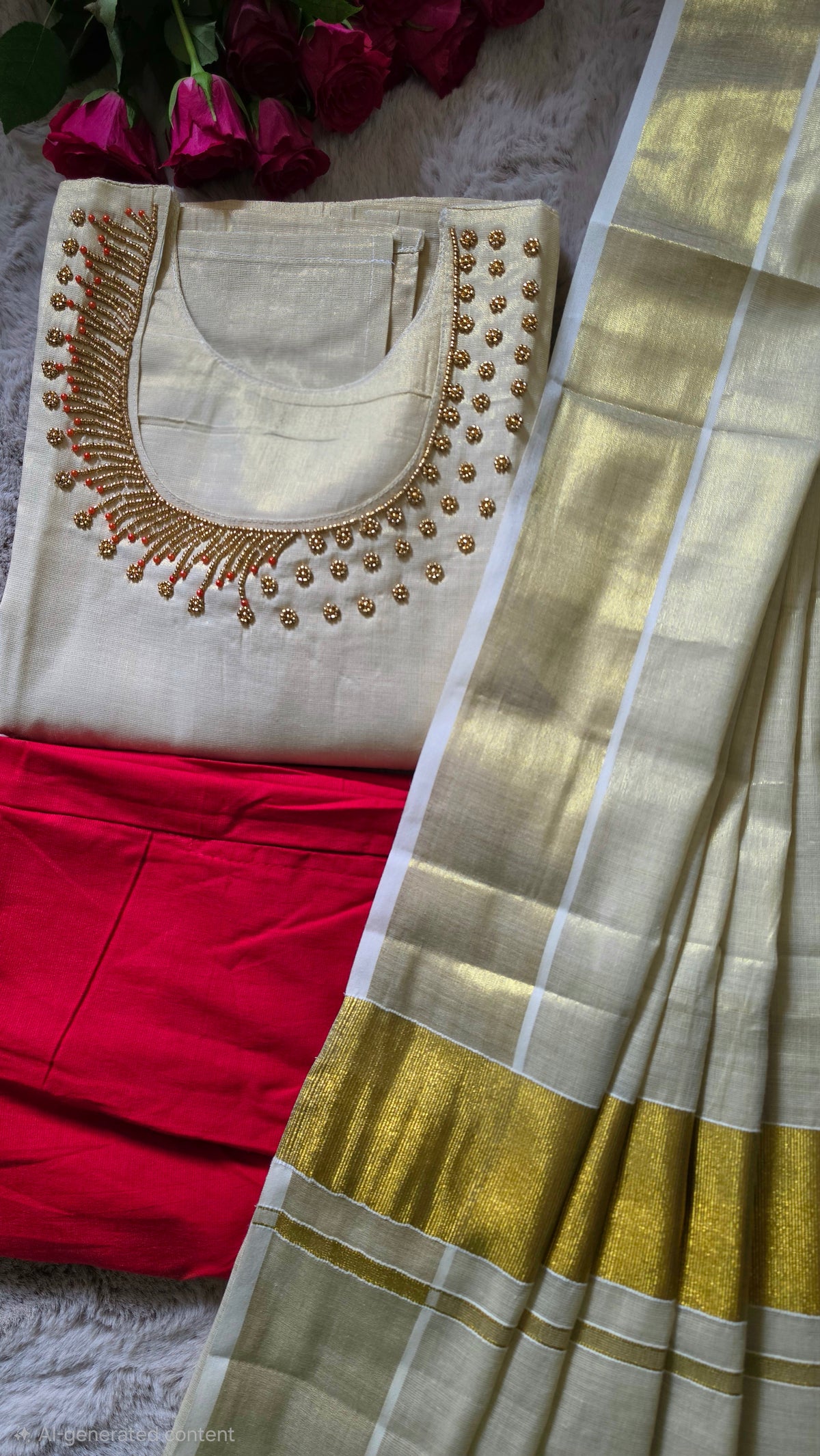 Onam ready to wear hand worked three piece kurti set (red)