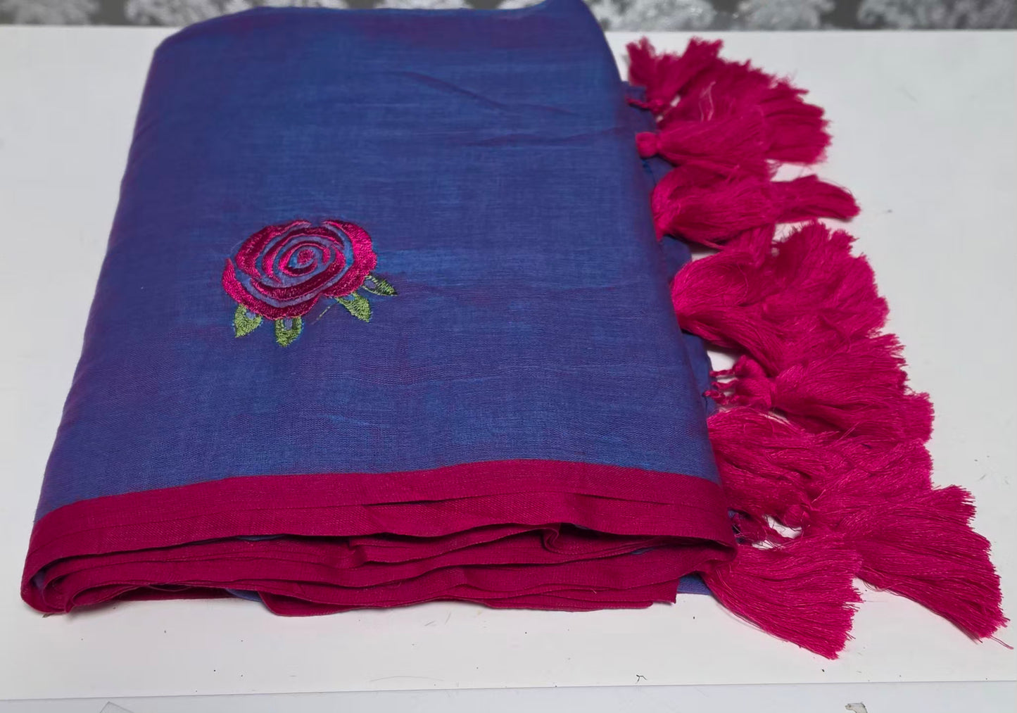 Embroidered Rose mulcotton saree