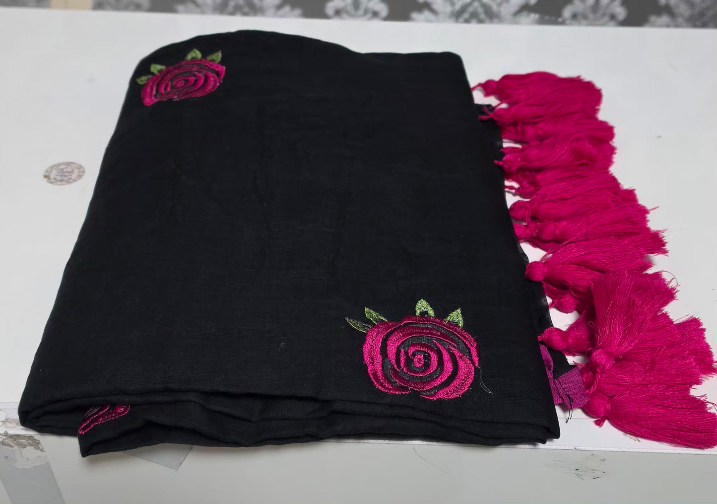 Embroidered Rose mulcotton saree