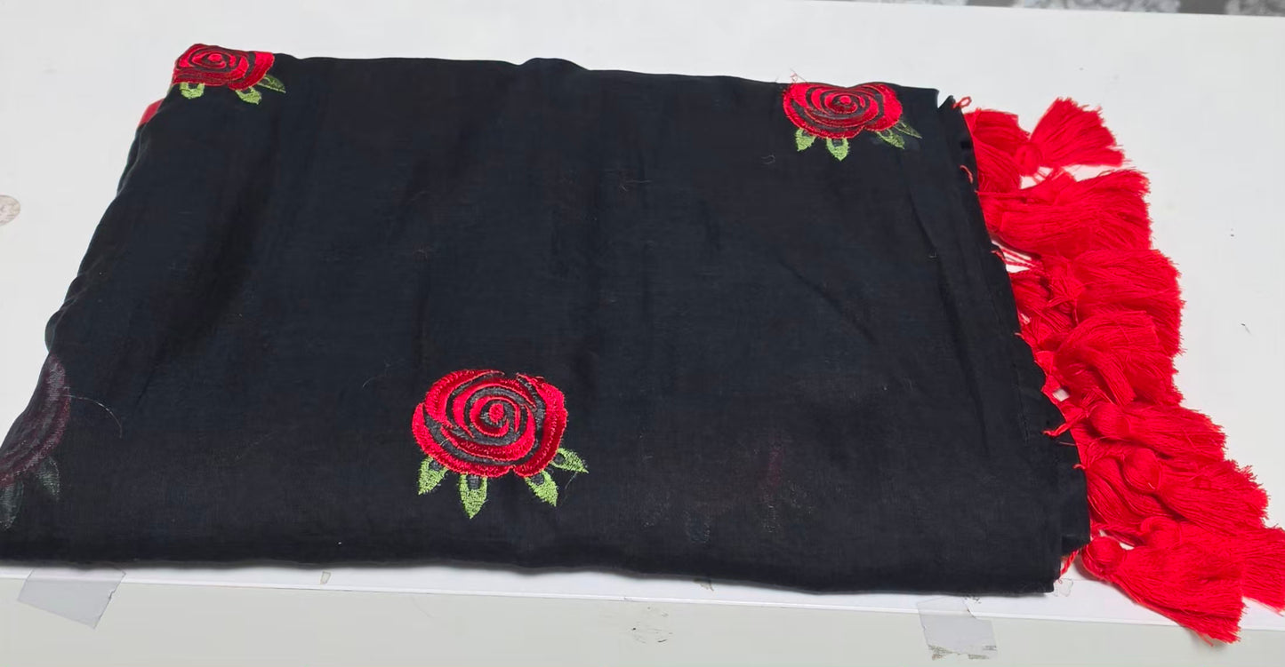 Embroidered Rose mulcotton saree