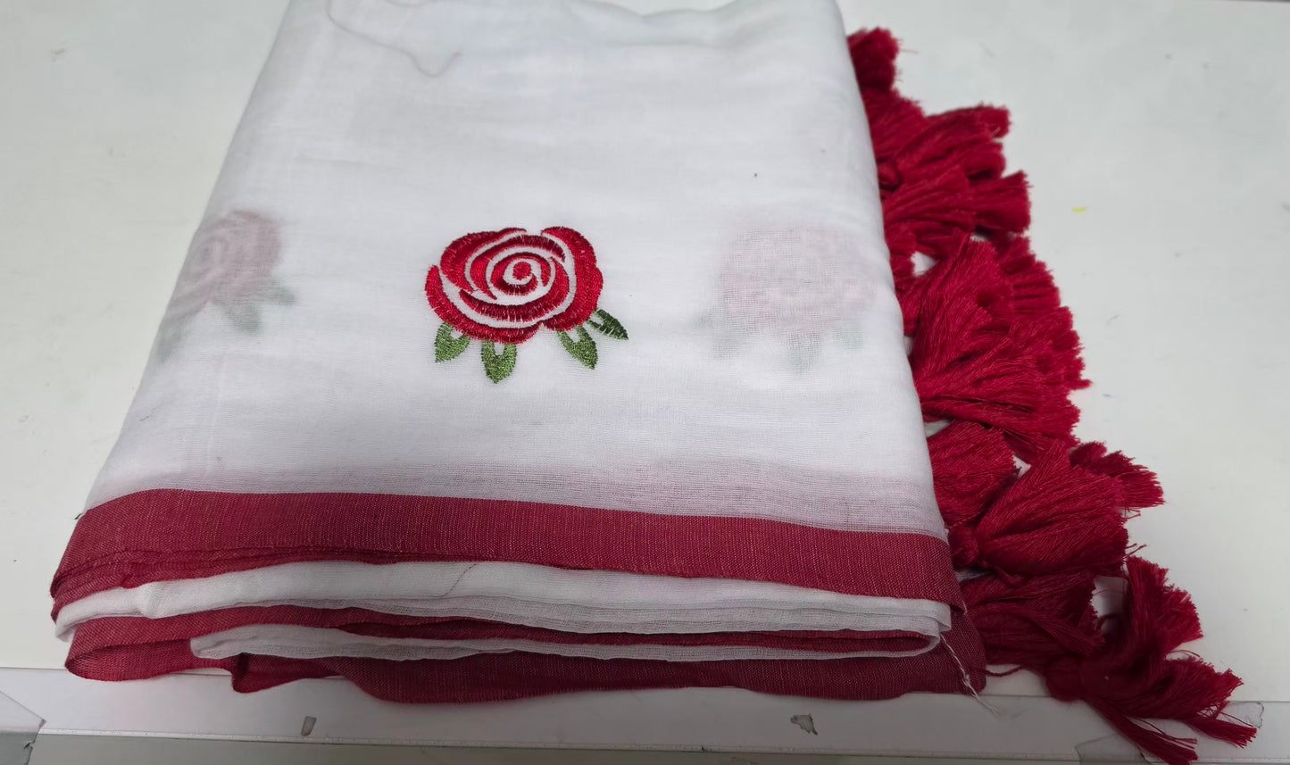 Embroidered Rose mulcotton saree