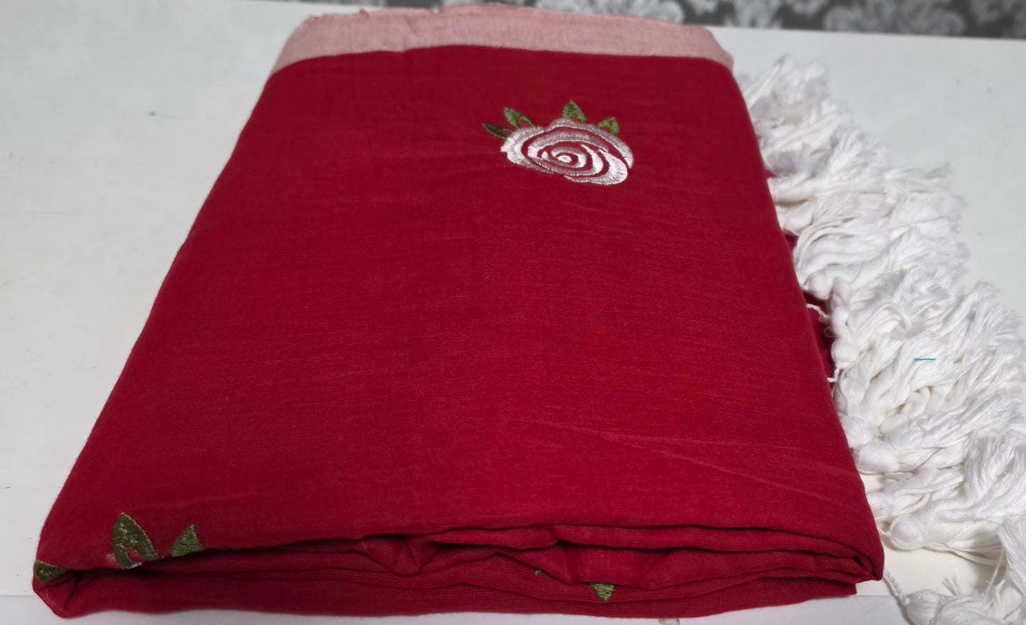 Embroidered Rose mulcotton saree