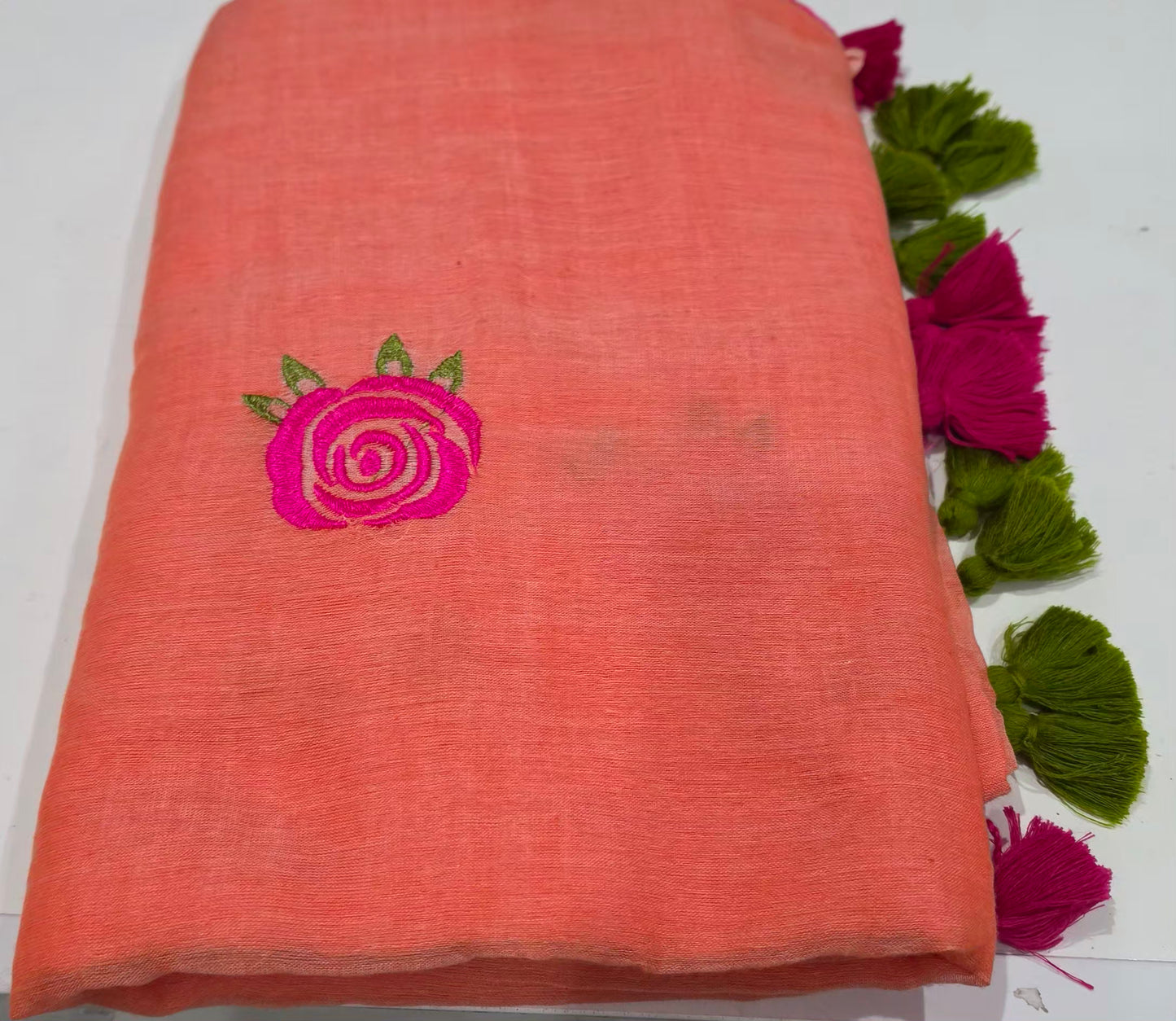 Embroidered Rose mulcotton saree