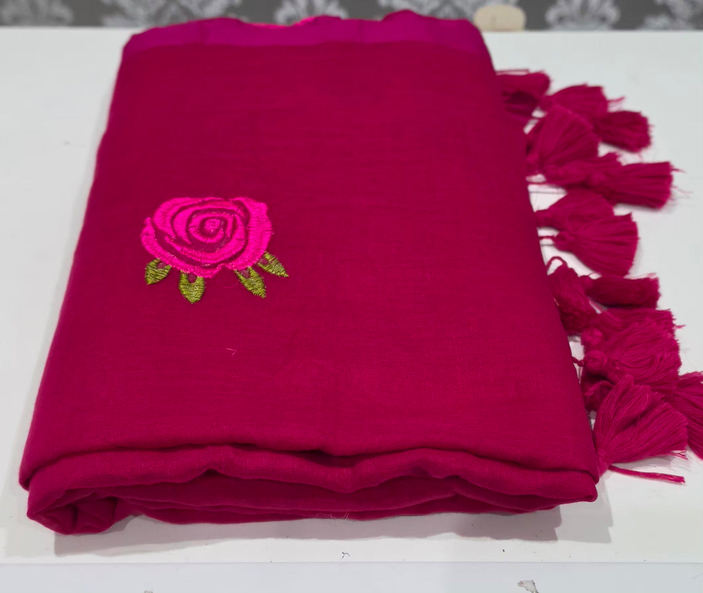 Embroidered Rose mulcotton saree