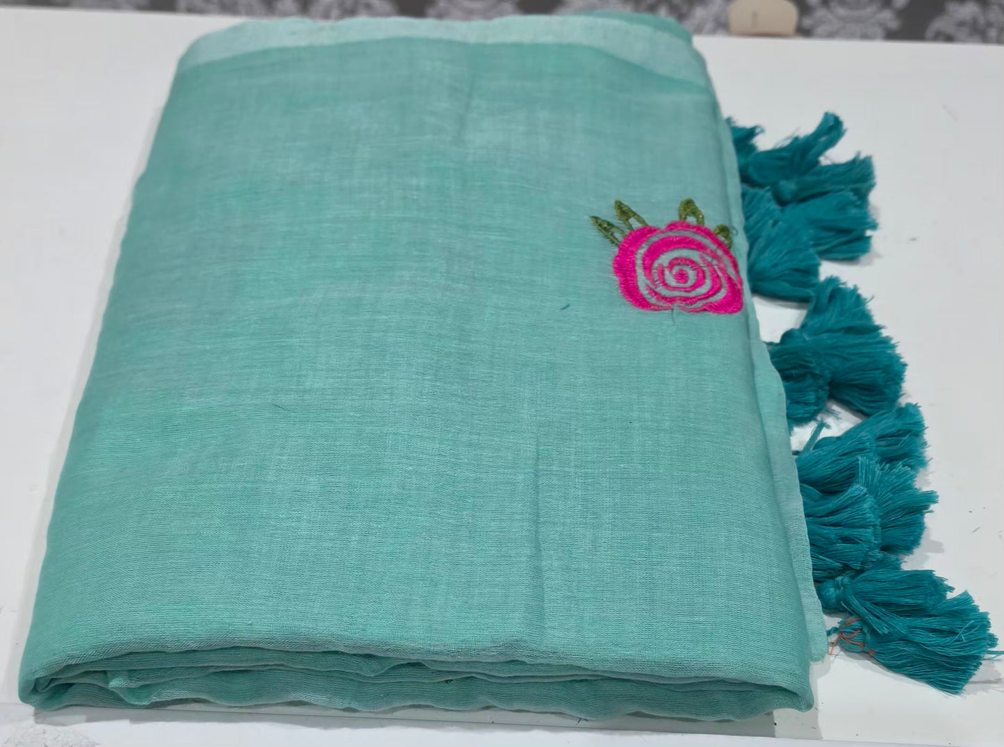 Embroidered Rose mulcotton saree