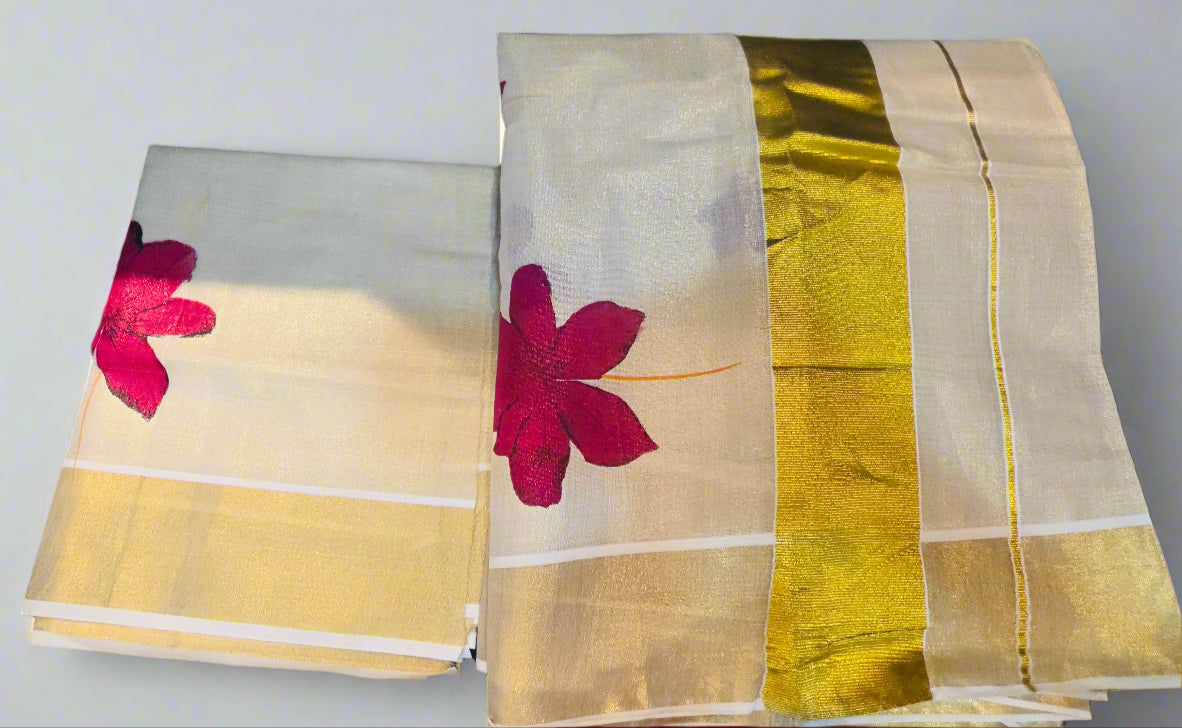 Ready to wear floral Onam Saree with blouse material ^^^