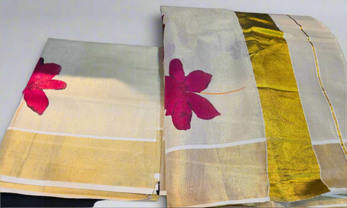 Ready to wear floral Onam Saree with blouse material ^^^