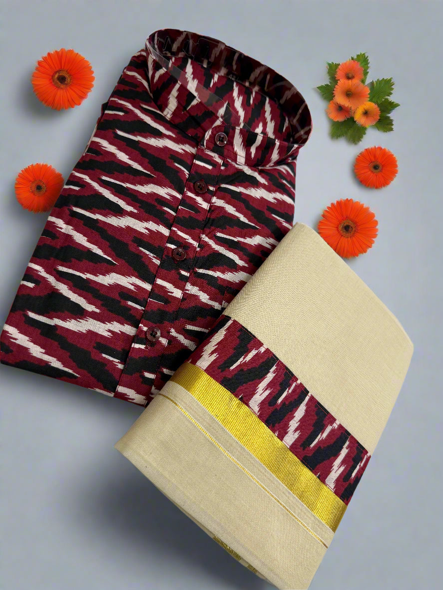 Red Tiger Stripes kurta and dhoti set.